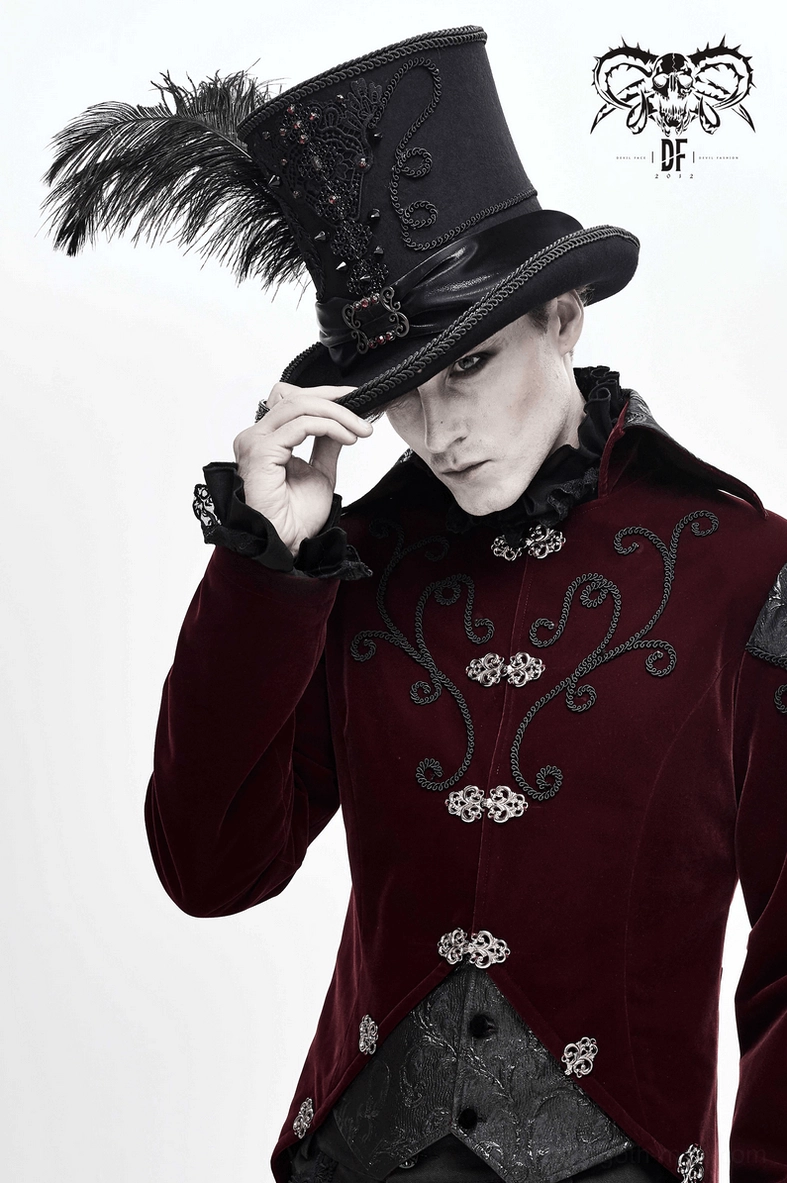 Premium black wool gothic top hat with rhinestone lace accents and natural feather embellishment