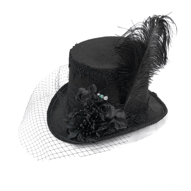 Black gothic top hat right side view with detachable ostrich feather, fabric flowers, and lace veil netting
