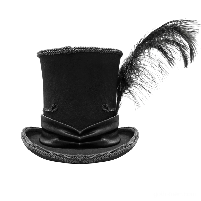 Gothic top hat plain view showing folded satin waistband and braided hat edge construction