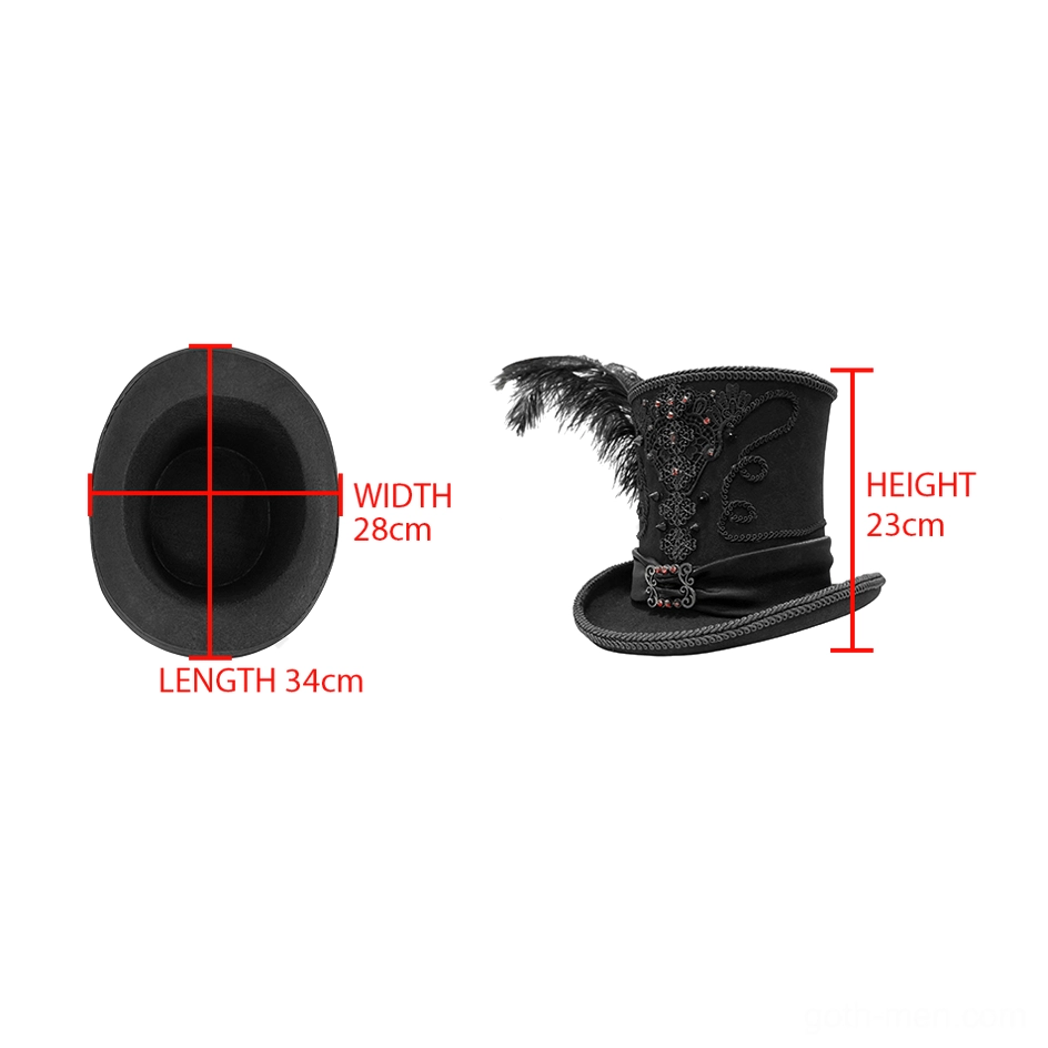 Gothic top hat technical specifications display showing dimensions 34cm length, 28cm width, 23cm height