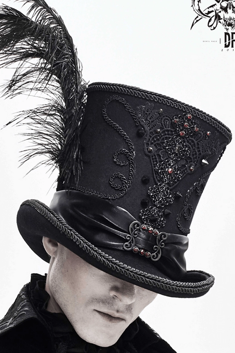 Gothic top hat worn styling preview demonstrating hat angle, feather placement, and overall aesthetic impact