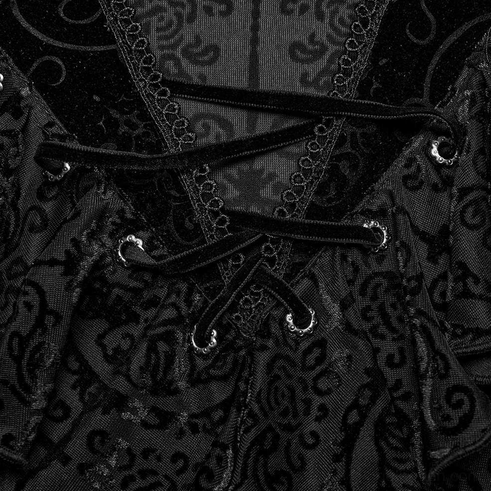 Black velvet gothic top neckline close-up showing lace-up ties with metal eyelets and ruffled lace trim