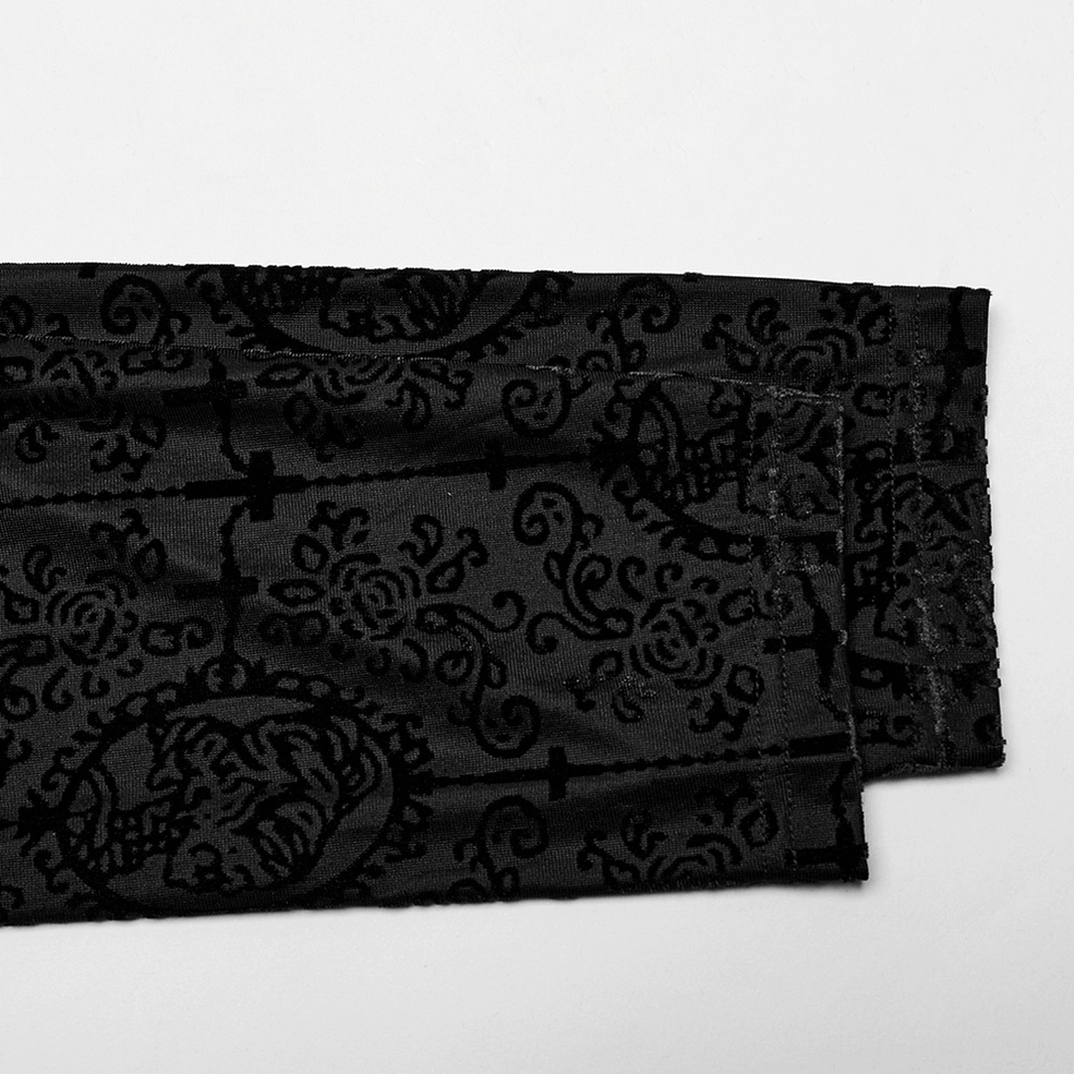 Black velvet gothic top sleeve detail showing jacquard velvet pattern and long sleeve design