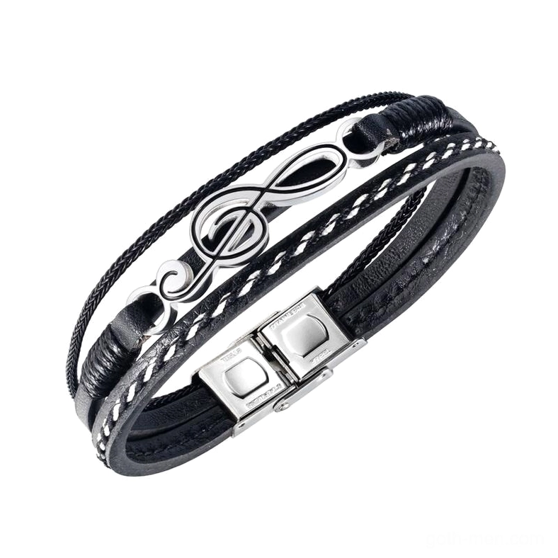 Treble clef symbol on multilayer leather bracelet with stitched trim and push clasp – gothic music themed jewelry