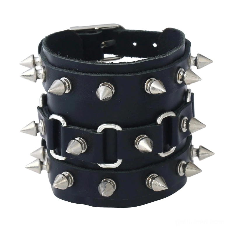 Triple-row spiked gothic leather cuff bracelet front view, featuring three rows of antique silver cone spikes on premium leather strap