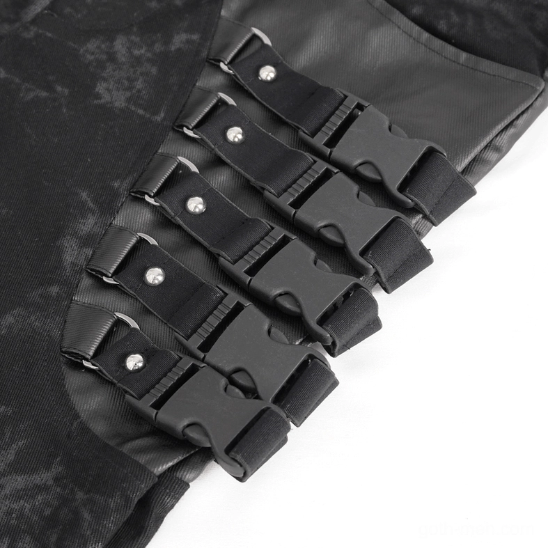 Close-up of adjustable plastic buckle straps with metal fasteners on black gothic trousers