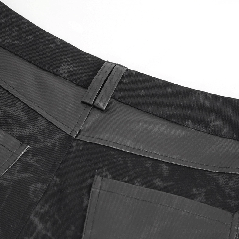 Premium detail view of gothic trousers showing buckle strap construction and dark printed fabric quality