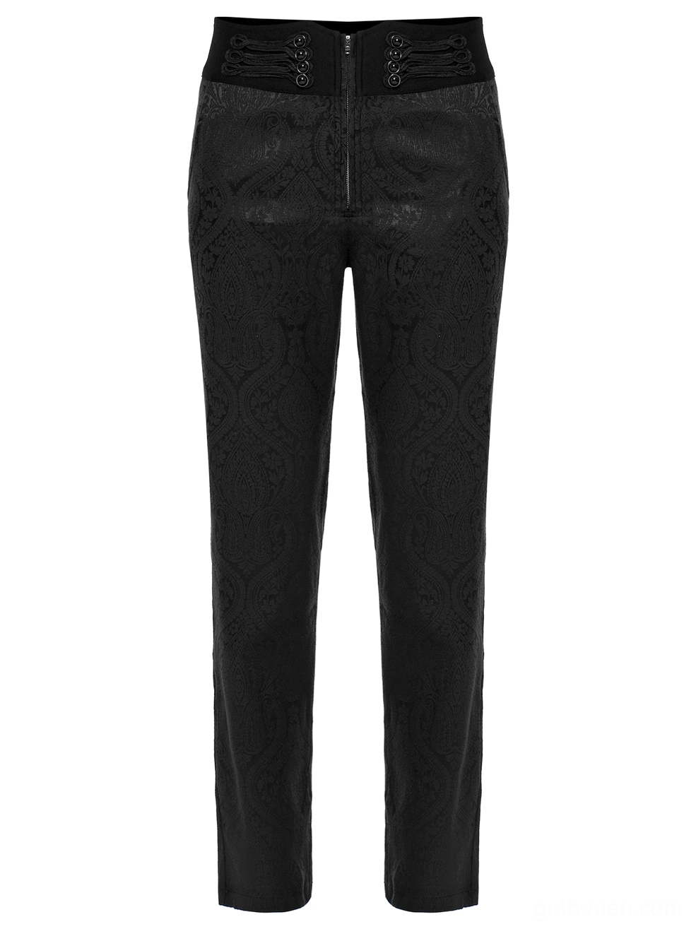 Front flat lay detail of gothic trousers showing zipper fly and decorative button waist