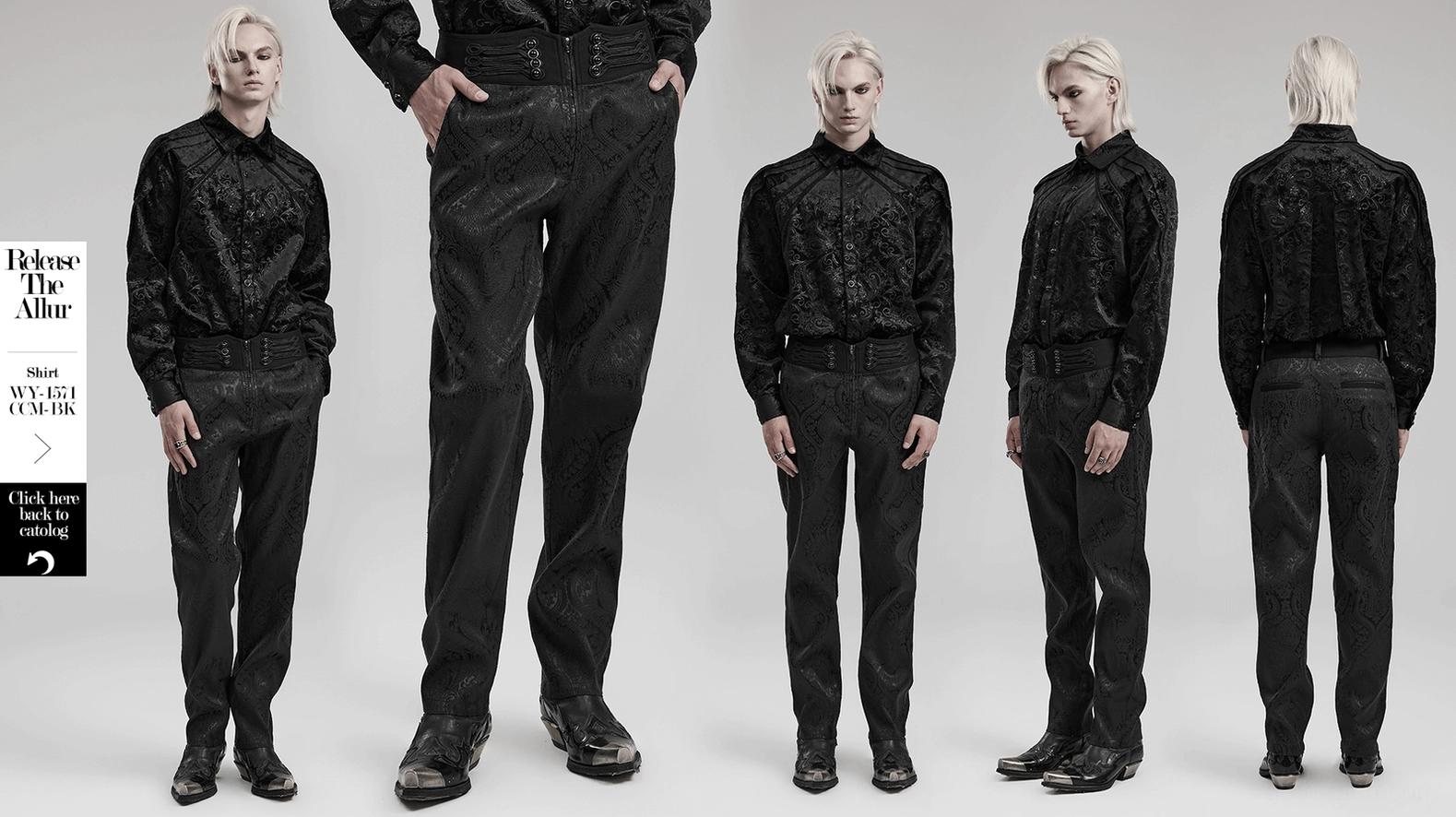 Premium construction detail of jacquard gothic trousers showing hand-sewn elements