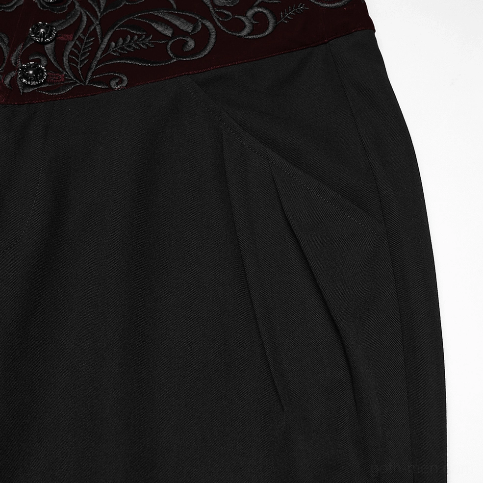 Side pleat and pocket detail of black gothic slim-fit trousers showing tailoring precision
