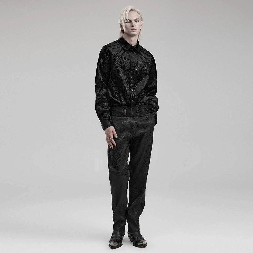 Size reference and proportions of Victorian gothic jacquard trousers on male model