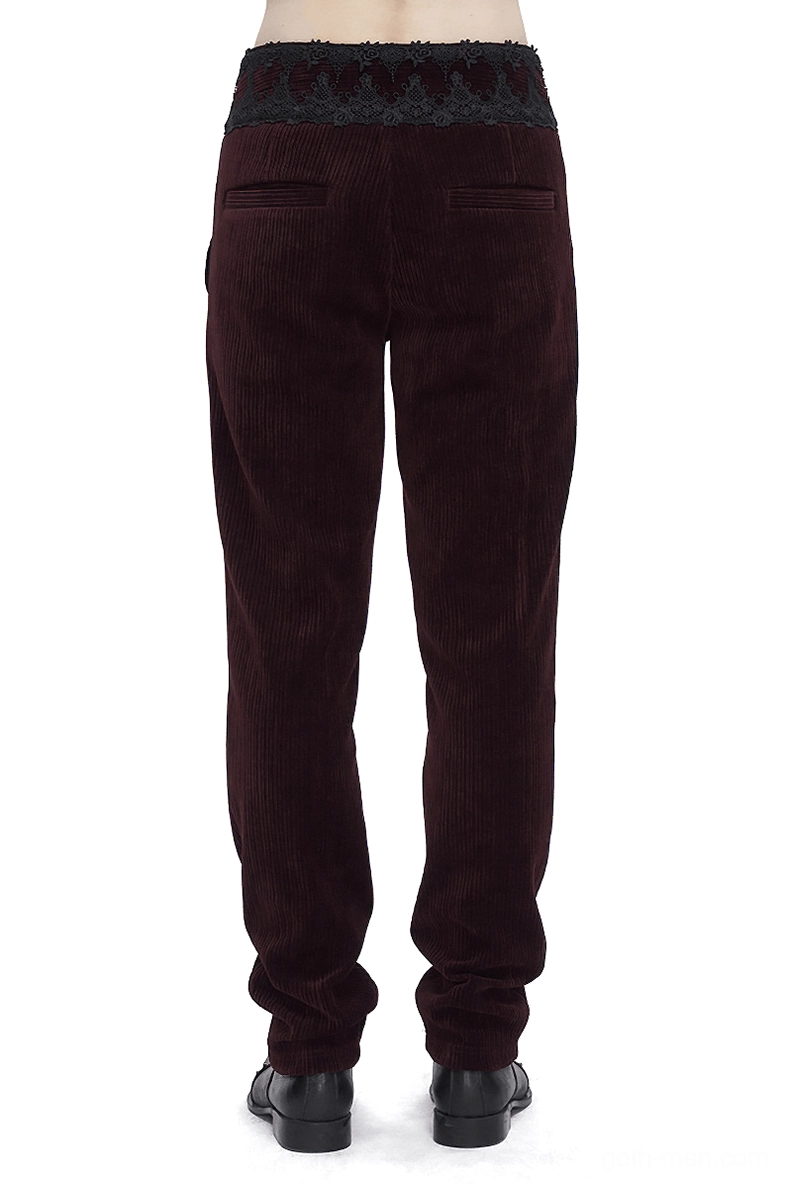 Black lace-trimmed wine red corduroy trousers rear view on male model, showing back pockets and lace waistband detail
