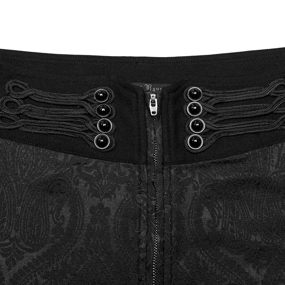 Detail shot of metal zipper fly and braided decorative reinforcement on gothic trousers