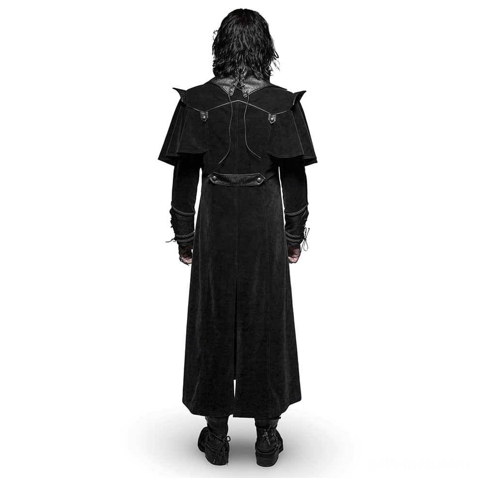 Gothic velvet cloak rear view displaying back lace-up corset details and split hem design on male model