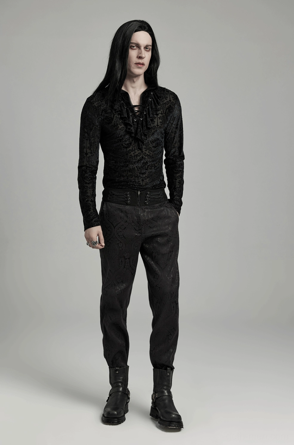 Black velvet gothic high collar top wearing guide and silhouette demonstration