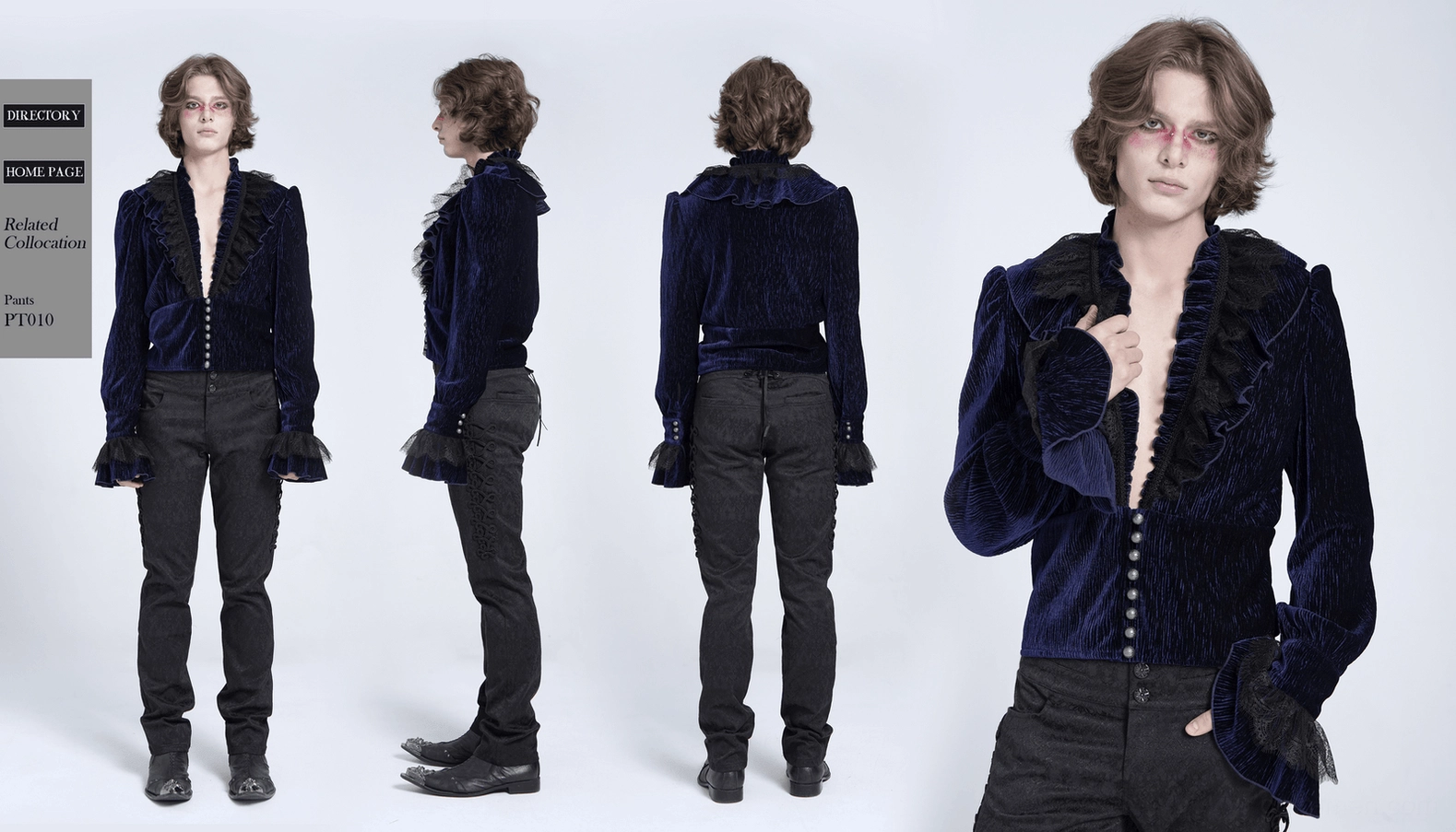 Complete size range display of navy velvet gothic ruffled shirt available in XS through 4XL sizes