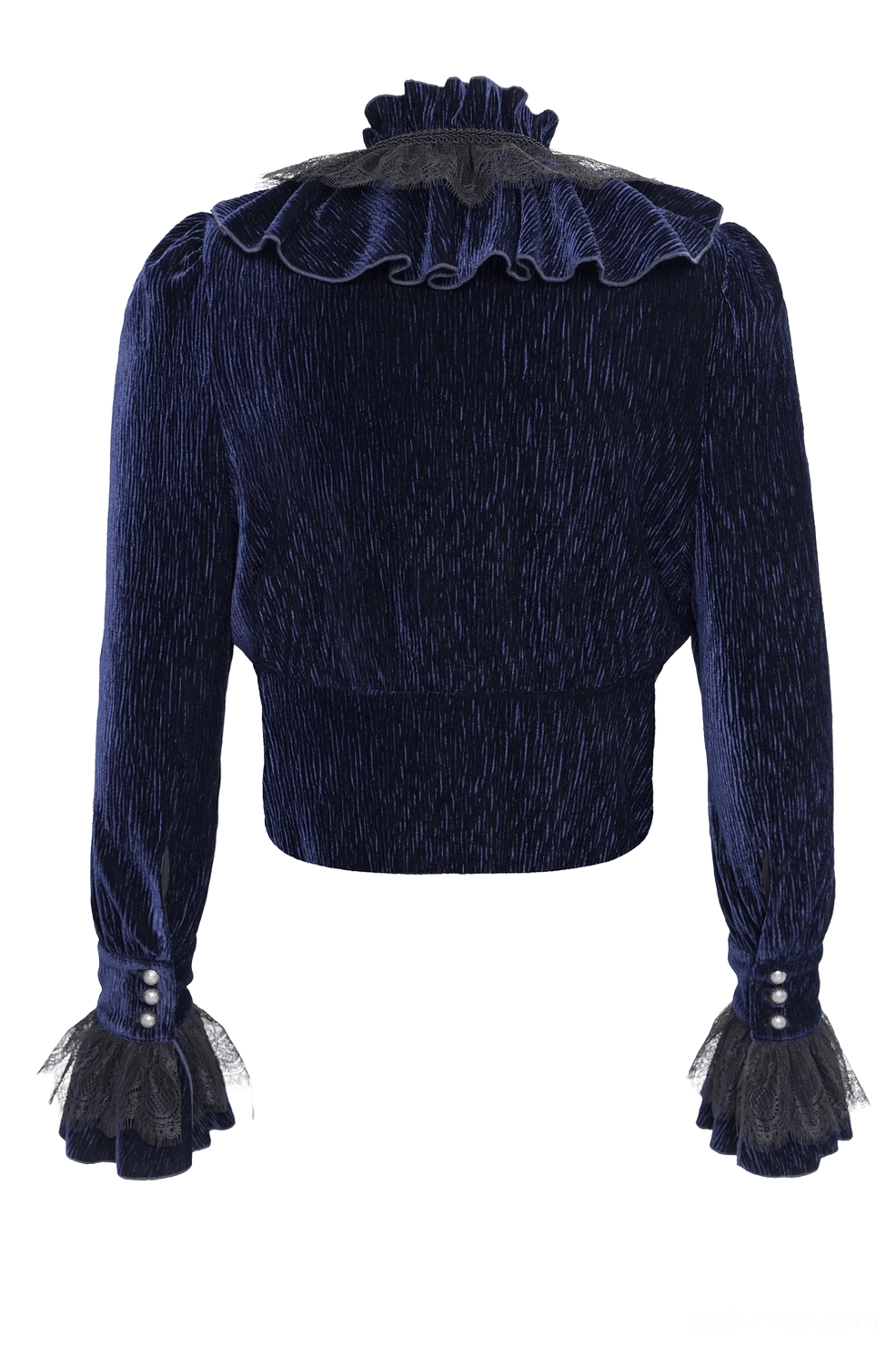 Back flat lay of navy velvet gothic ruffled shirt showing high stand collar and cropped hem with lace cuff trim