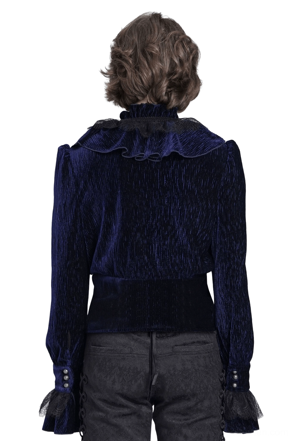 Back view of navy velvet gothic shirt showing high ruffled collar and cropped fitted waist on male model