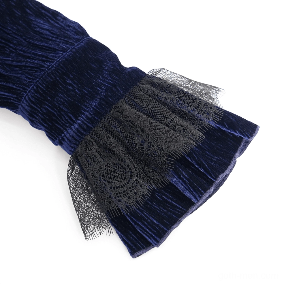 Gothic navy velvet ruffled shirt demonstrating pearl button closure and front lace-trimmed placket detail