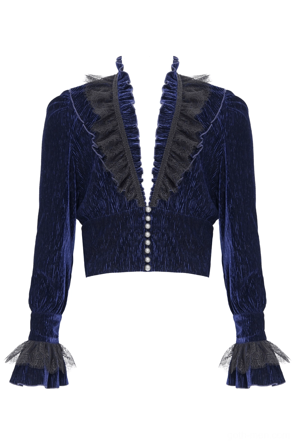 Mannequin front flat lay of navy velvet ruffled gothic shirt displaying front button closure and lace-trimmed cuffs