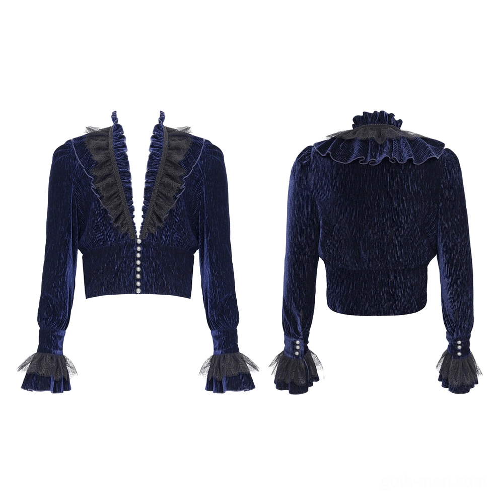 Mannequin flat lay front and back view of navy velvet ruffled gothic shirt with lace-trimmed neckline and cuffs