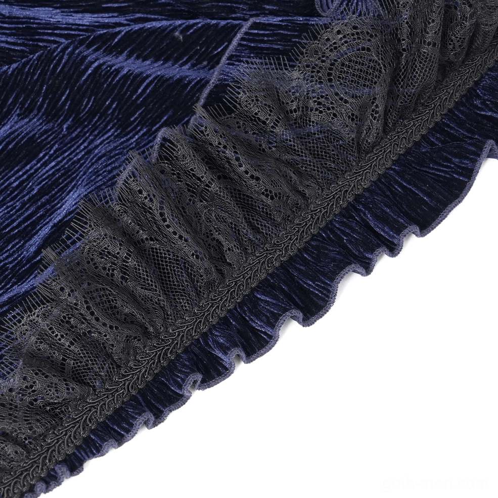 Full-length view of navy crushed velvet gothic ruffled shirt on mannequin showing complete silhouette and proportion