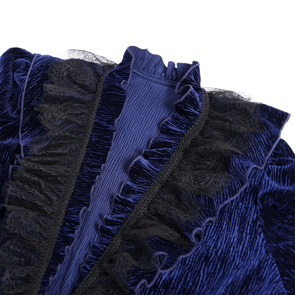Detailed macro shot of ruffled black lace collar trim on navy crushed velvet gothic shirt highlighting craftsmanship