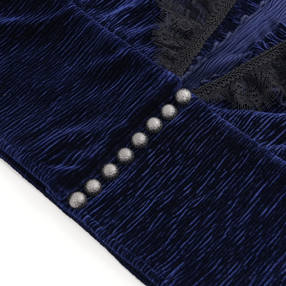 Close-up macro shot of midnight navy crushed velvet texture with silver pearl buttons and black lace detail