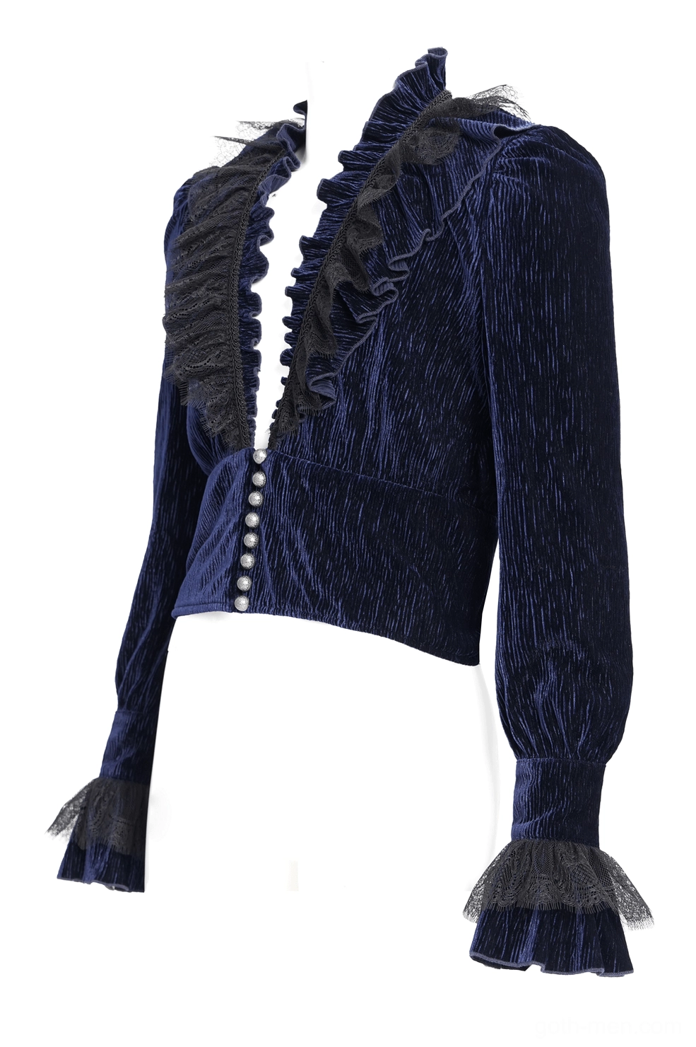 Three-quarter front view of navy crushed velvet gothic ruffled shirt with fitted silhouette and mesh-lined cuffs