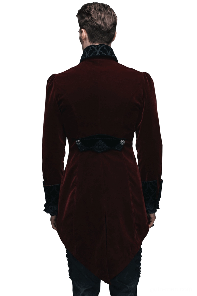 Burgundy steampunk gothic velvet tailcoat rear view showing split tail hem and embroidered waist belt detail