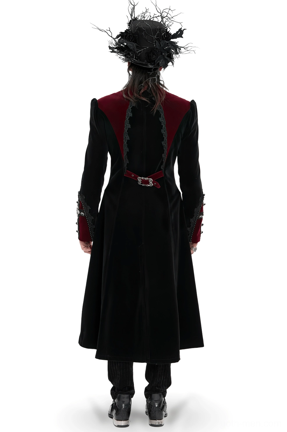 Gothic tailcoat rear perspective displaying long split back design, high stand collar, and waist buckle straps on male model