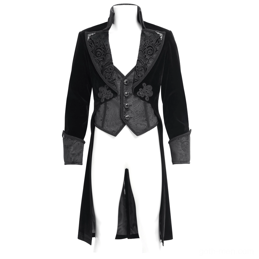 Black velvet Gothic tailcoat on mannequin display, front three-quarter view featuring embroidered lapels, contrast cuffs, and ornamental faux vest design