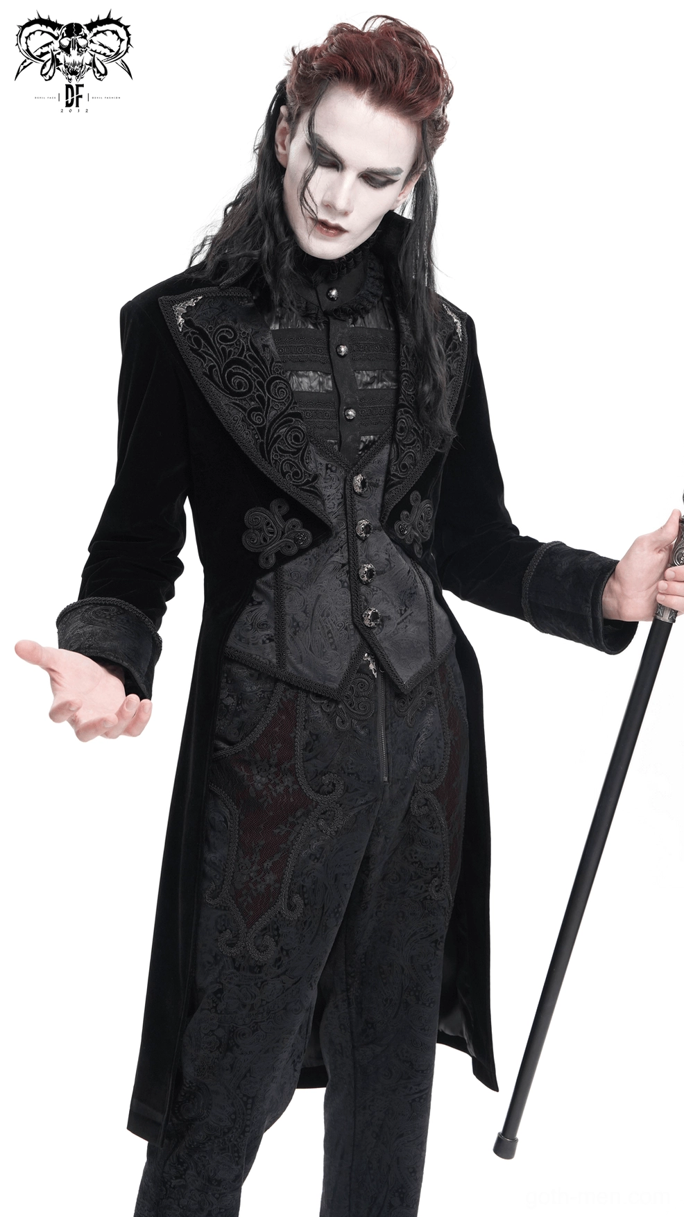 Black velvet Gothic tailcoat with embroidered scroll details and ornate metal buttons - product lifestyle photography