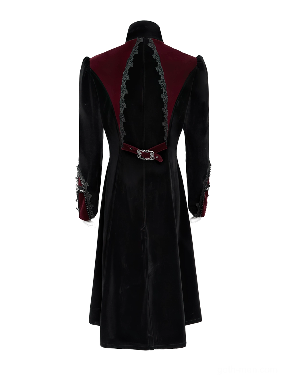Rear perspective of gothic velvet tailcoat displaying back waist belt buckles and extended coat train on mannequin
