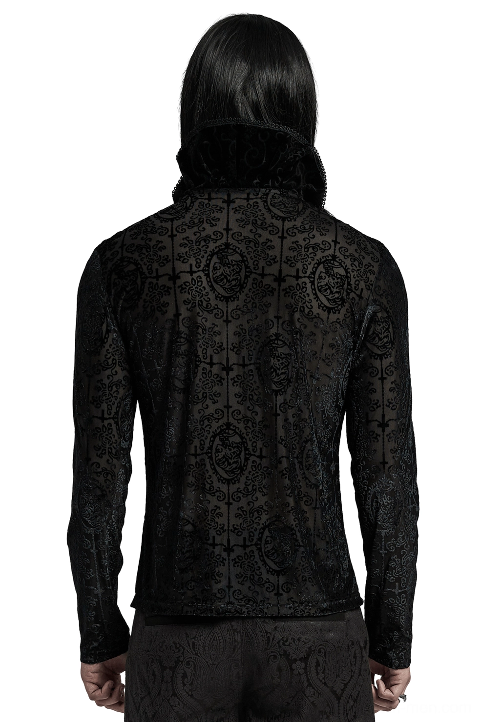 Black jacquard velvet gothic top rear view showing all-over vintage print and tailored fit
