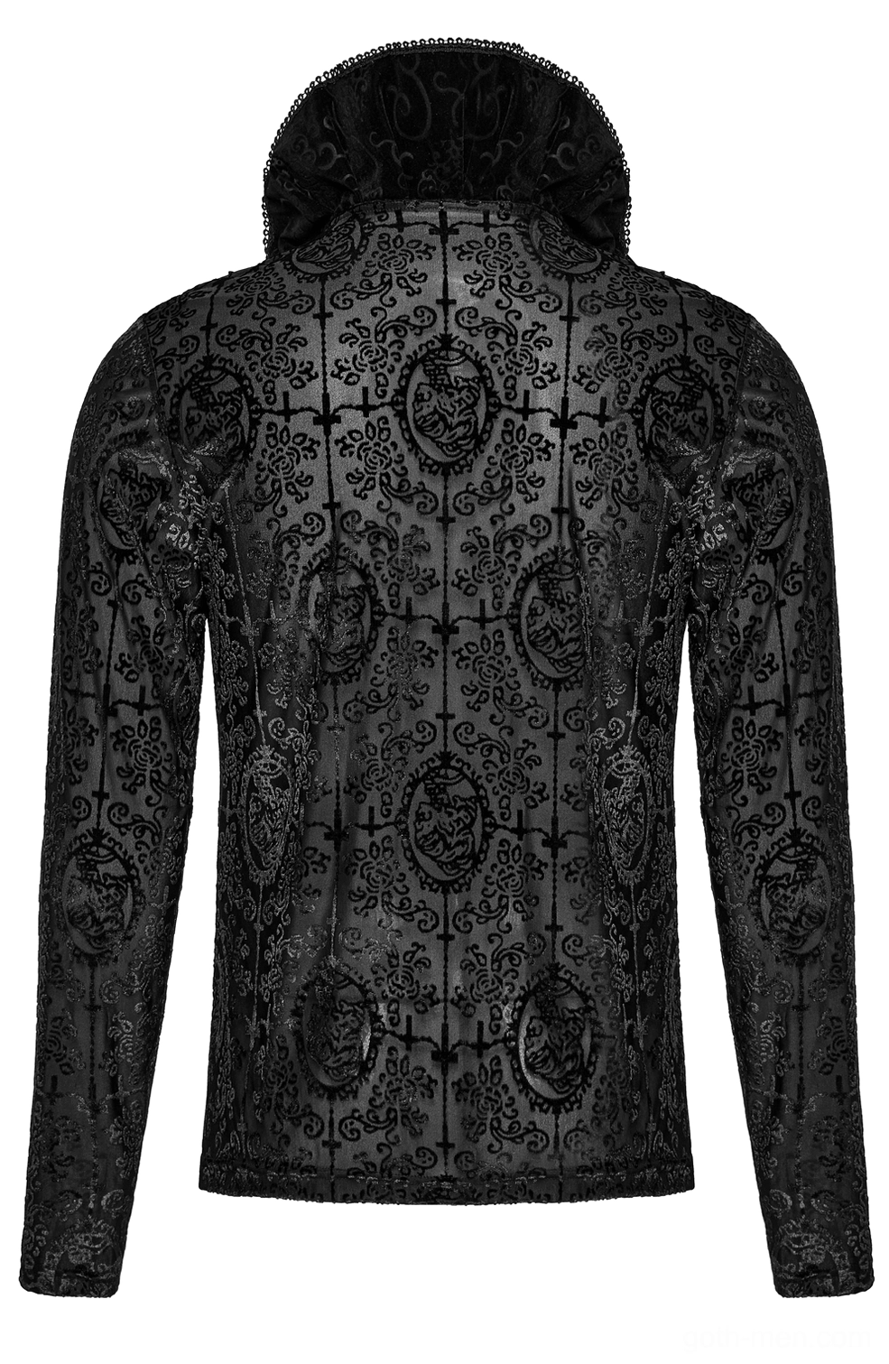 Black velvet gothic top rear mannequin view with tailored fit and vintage jacquard pattern