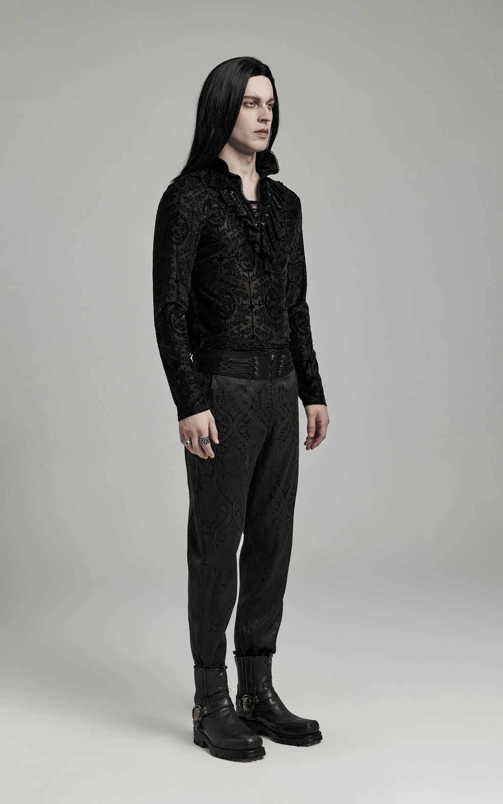 Black gothic velvet top styling detail showing collar construction and lace-up customization