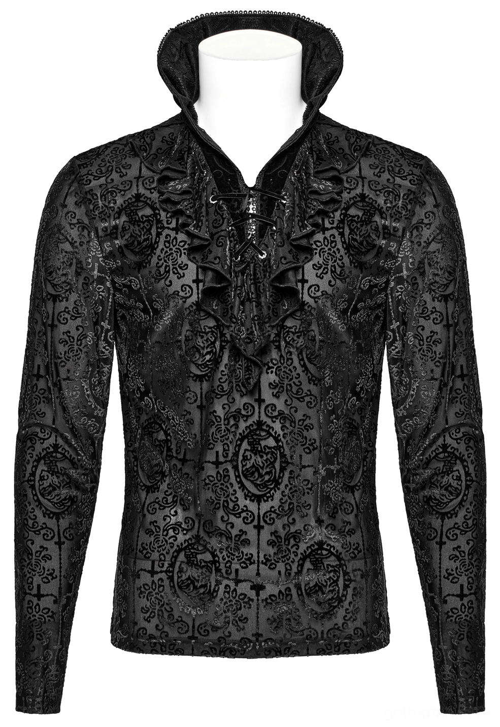 Black velvet gothic top stand-up high collar detail with lace-up ruffled placket and jacquard print