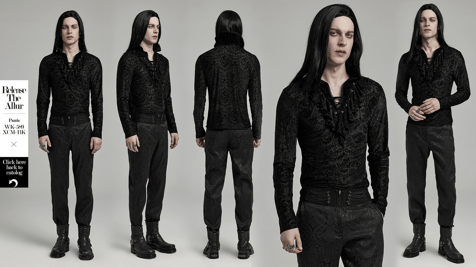 Black velvet gothic high collar top with lace trim placket key design features showcase