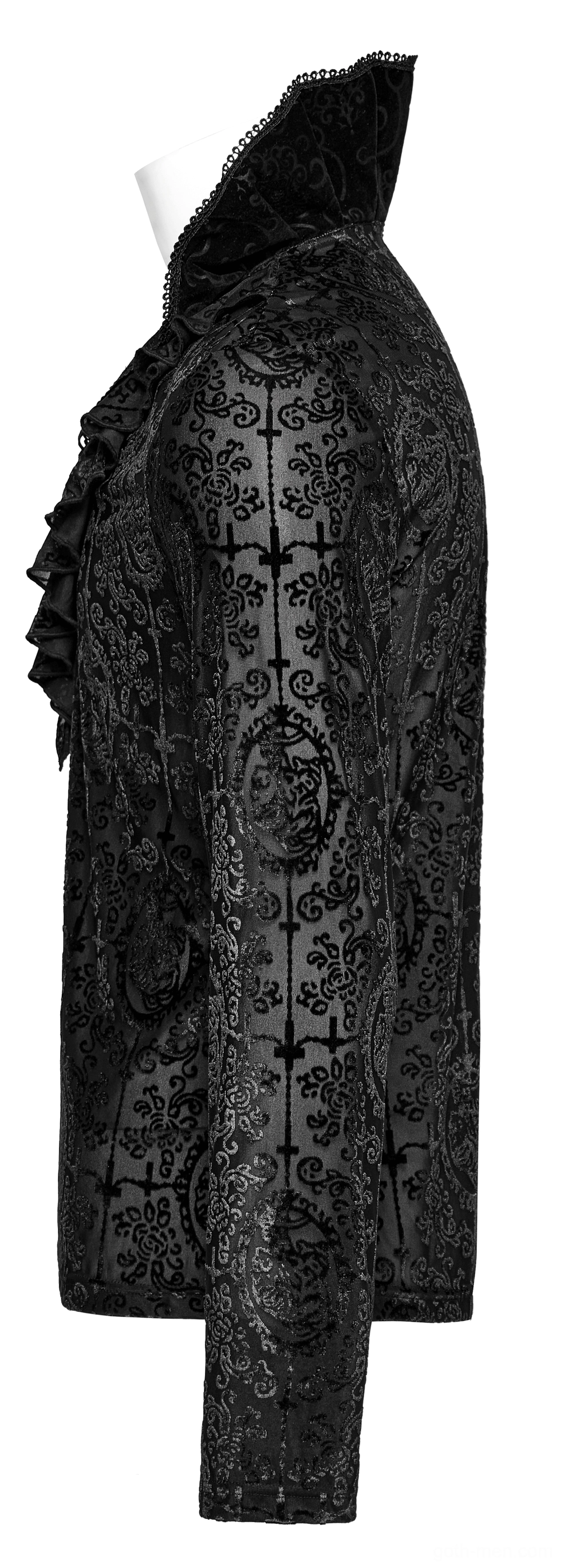 Black velvet gothic top side view on mannequin showing fitted long sleeves and ruffled collar trim