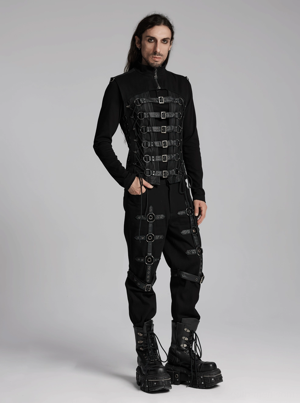 Black gothic vest showing adjustable buckle strap system for custom fit and personalized torso shaping