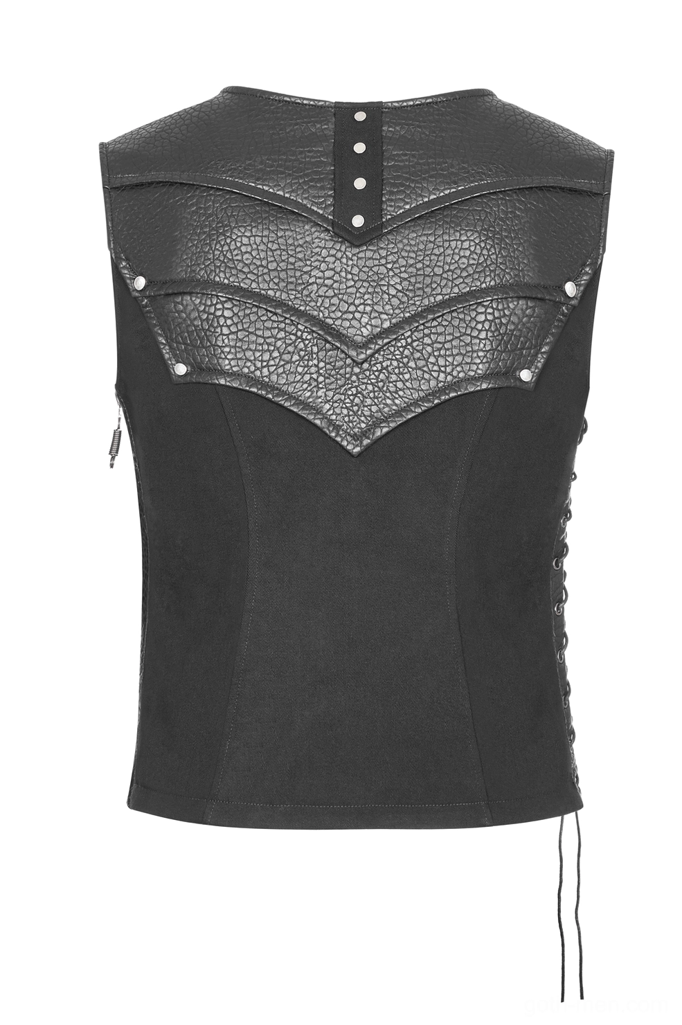Back view of black gothic armor vest showing chevron leather panels with metal rivets and lacing