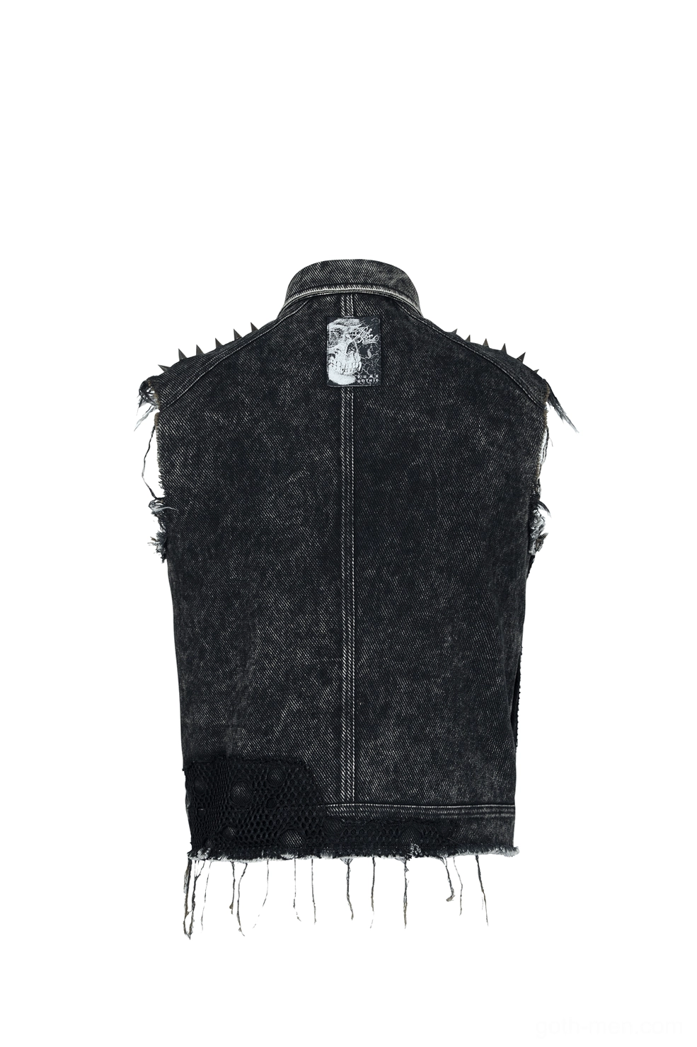 Black gothic denim vest back flat lay - spiked shoulder trim and embroidered skull patch in detail
