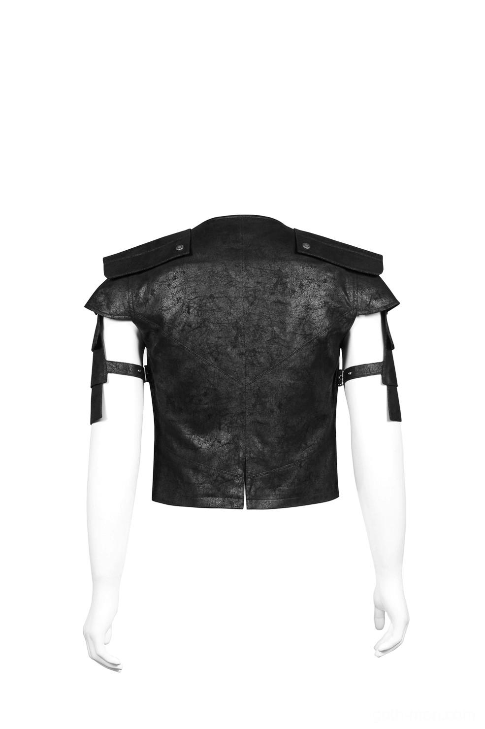 Black leather gothic vest back view showing open hem and multi-strap system
