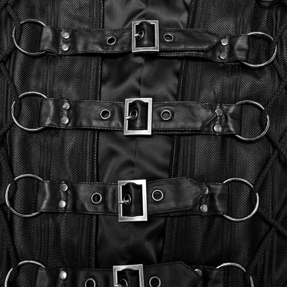 Close-up of gothic vest buckle hardware including square metal buckles and D-rings on faux leather straps