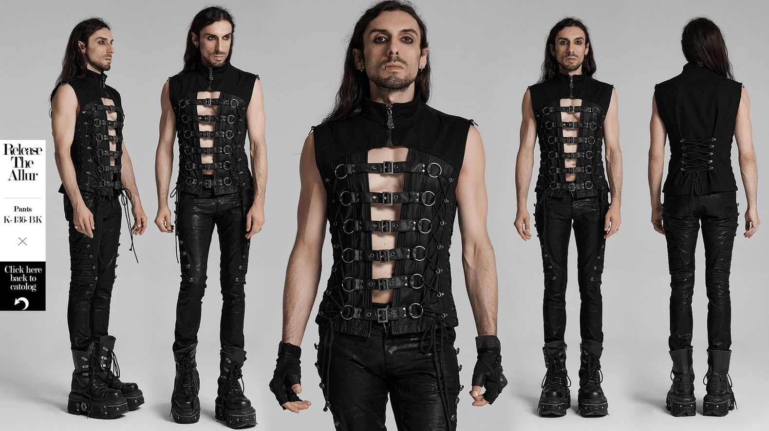 Black gothic buckle vest complete product showcase with all design features buckles rings and lace-up back