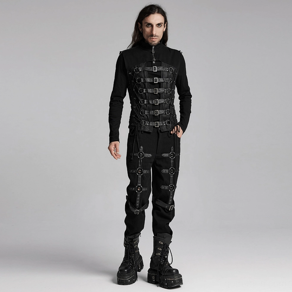 Black gothic buckle vest showing front cutout construction with silver-toned metal hardware and stand collar