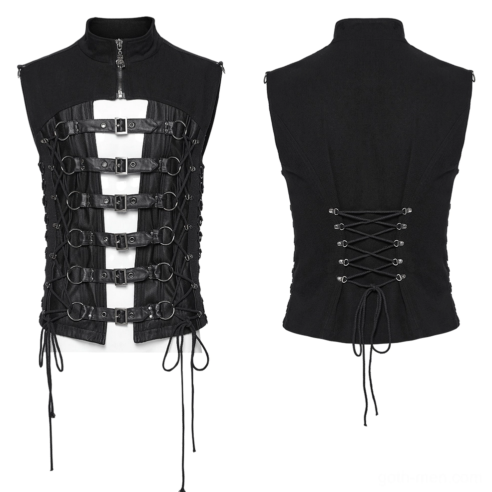 Black gothic buckle vest flat lay front and rear display with mesh panels and metal hardware