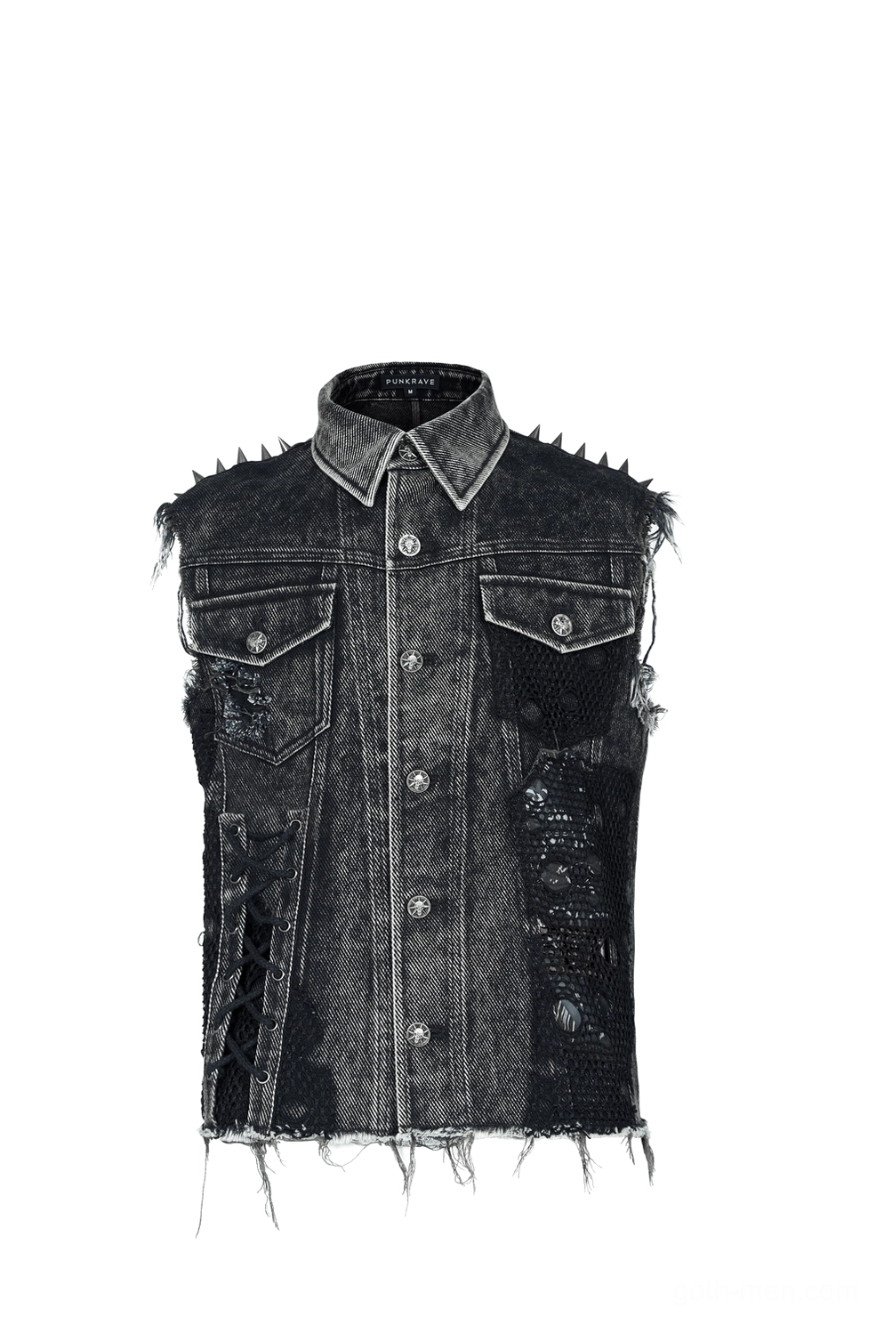 Black gothic denim vest front flat lay - detail of spiked shoulder edges and mesh insert panels