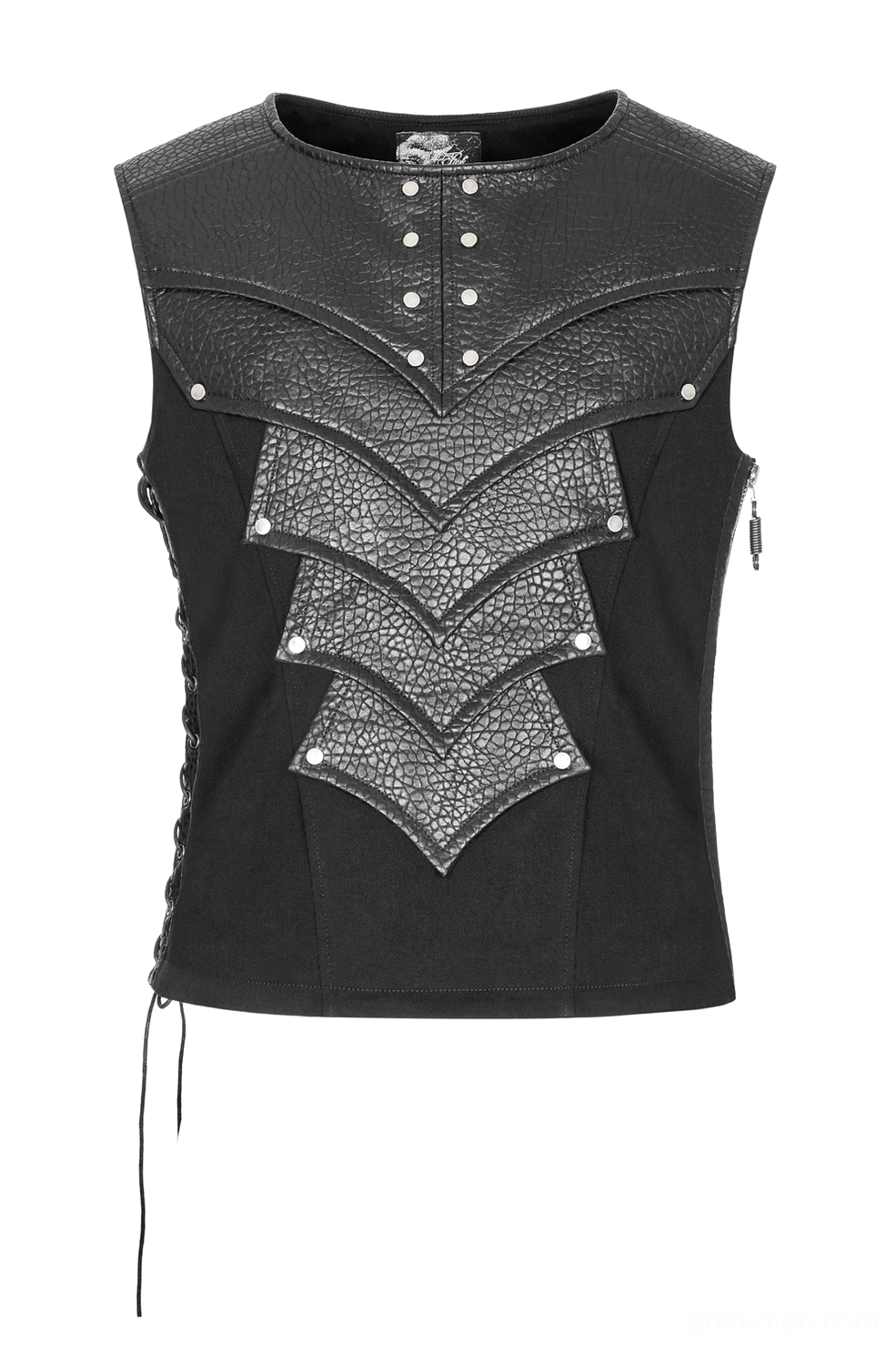 Chest protector vest front flat lay displaying chevron leather armor panels and metal studs